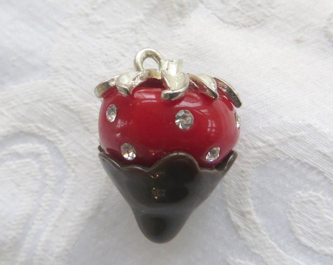Vintage Chocolate Strawberry Pendant, Rhinestone Chocolate Dipped Strawberry Necklace
