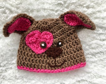 Puppy Dog hat, Crochet puppy Dog Hat, Newborn Photo Prop, Girl Hat, Baby shower gift, hot pink puppy dog Hat, puppy dog themed baby shower
