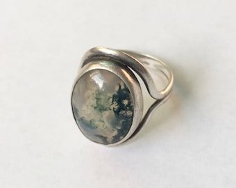 vintage sterling moss agate ring, size 8