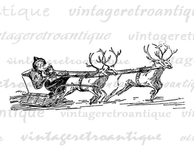 Santa Claus with Sleigh and Reindeer Digital Image Download Printable Graphic Vintage Clip Art Jpg Png Eps HQ No.2379