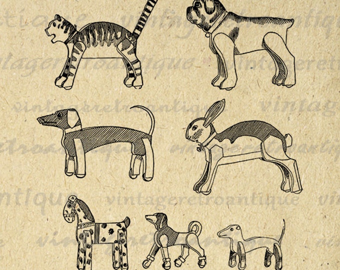 Printable Antique Animal Toys Graphic Image Dog Cat Rabbit Animals Digital Download Artwork Vintage Clip Art Jpg Png HQ 300dpi No.1734