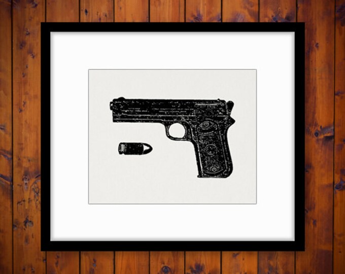 Gun and Bullet Image Printable Graphic Pistol Download Handgun Digital Vintage Clip Art Jpg Png Eps HQ 300dpi No.1308