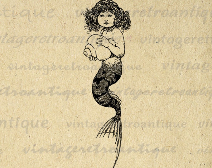 Mermaid Girl Printable Image Graphic Download Digital Illustration Antique Clip Art Jpg Png Eps HQ 300dpi No.3785