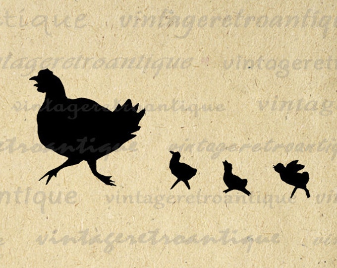 Chicken with Chicks Silhouette Printable Digital Image Graphic Download Antique Clip Art for Transfers etc HQ 300dpi No.3328