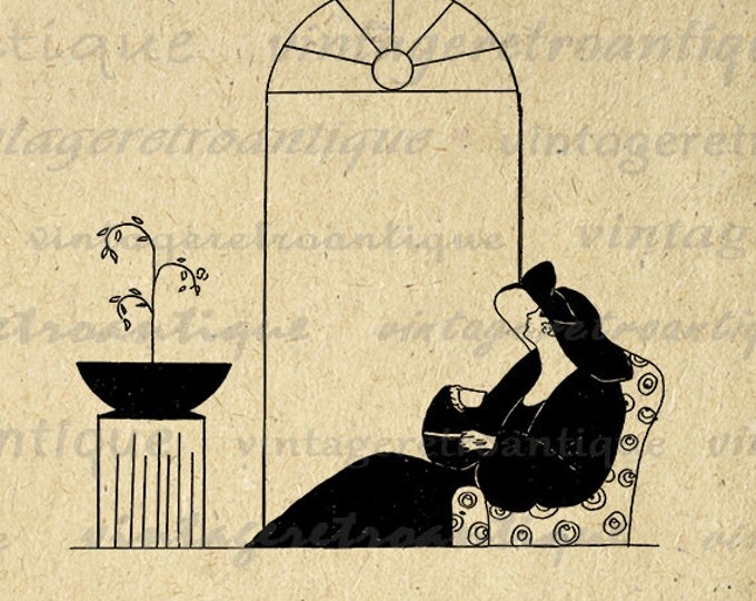 Printable Image Classic Lady Drinking Tea Graphic Digital Download Antique Clip Art Jpg Png Eps HQ 300dpi No.3888