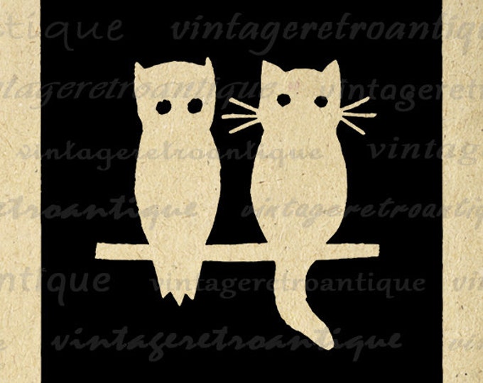 Printable Graphic Owl and Cat Silhouette Digital Cut Out Square Download Image Vintage Clip Art Jpg Png Eps HQ 300dpi No.3289