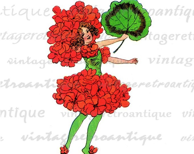 Geranium Flower Girl Printable Digital Image Flower Children Color Graphic Download HQ 300dpi No.1114