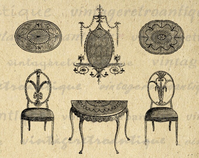 Antique Furniture Printable Digital Image Chair Table Illustration Graphic Download Artwork Vintage Clip Art HQ 300dpi No.1573