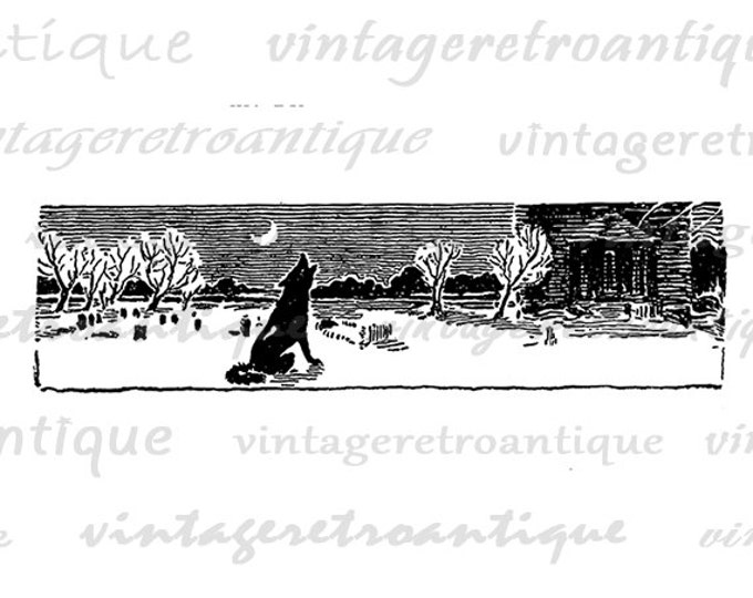 Digital Wolf Howling at the Moon Banner Printable Download Graphic Image Vintage Clip Art Jpg Png Eps HQ 300dpi No.069