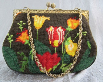 1960s Unusual Needlepoint Tapestry Handbag with Vivid Spring Flowers on Chocolate Brown Background