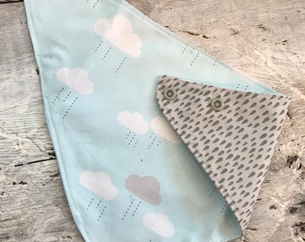 reversible and waterproof bandana bib, clouds on light blue, back grey rain