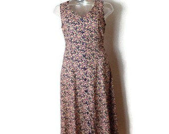 Vintage Black x Floral Button down sleeveless Rayon Dress from 80's*