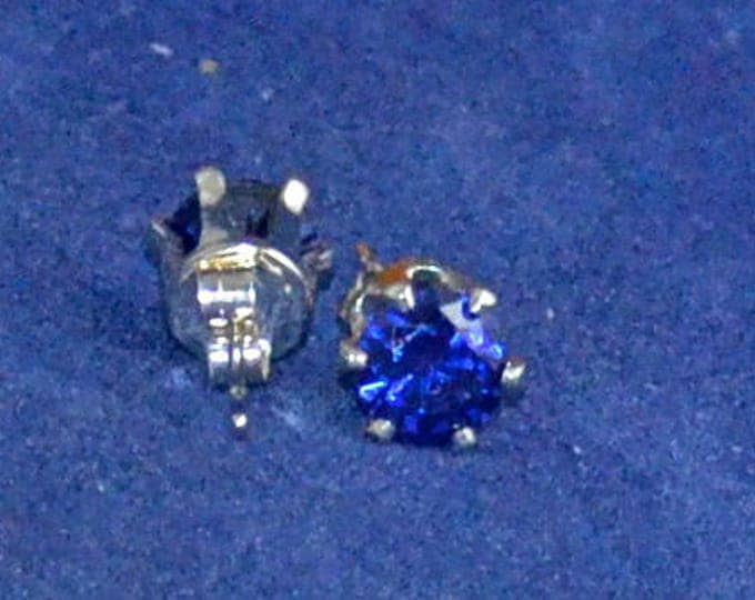 Blue Sapphire Stud Earrings, 6mm Round, Russian Simulates, Set in Sterling Silver E1068