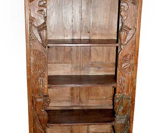 Antique Bookcase Hand Carved Chakra Borders Teak Wooden Bookshelf OLD WORLD Spanish Southern Tuscan Interiors