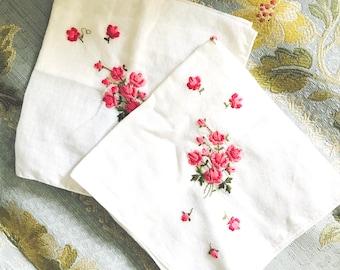 Vintage Set of Two Floral Embroidered Handkerchiefs