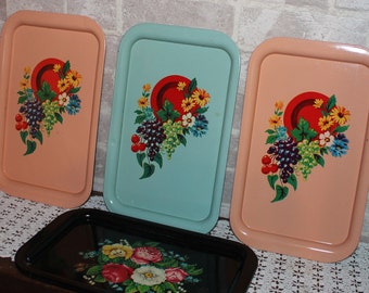 Decorative metal serving trays set of 5, Garden party Floral tole painted trays, Snyder county red cross trays