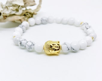 Mala Beads Bracelet, Buddha Bracelet, Yoga Bracelet, Wrist Mala, Howlite bracelet, White beaded bracelet, Gift for Her, Gift for Him, BMHB