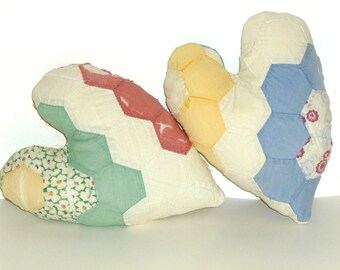 Tattered Cutter Quilt, Set of 2 Little Antique heart pillows, Upcycled quilt, one of a kind, OOAK quilt pillows, shabby cottage chic