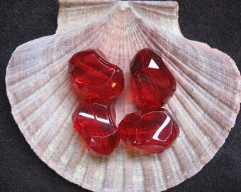 Vintage Lucite Beads Cherry Red Twisted Asymmetrical Pattern 21mm x 16mm - Four pieces