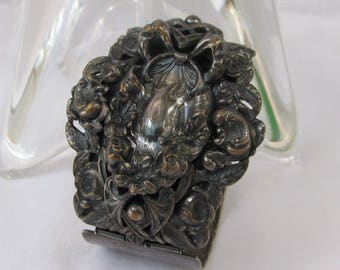 RARE Early CORO Signed Sterling Silver Plated Brass Heavy Repousse Wide Hinged Clamper Cuff Bracelet, Ornate and Spectacular!