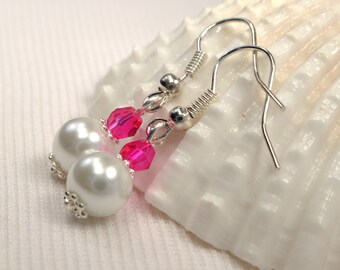 White Pearl & Fuschia Pink Earrings, White and Pink Earring Drops, White Pearl Earrings, Pink Earrings, Clearance Sale (E755)