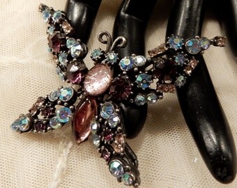 RESERVED Vintage Florenza AB and Purple Rhinestone Trembler Butterfly Brooch