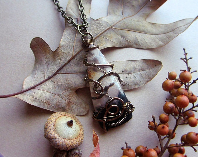 Wire wrapped necklace "Earth" with gorgeous petrified wood pendant. Custom length chain.