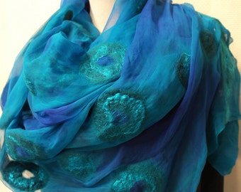 Nuno felt scarf for women green blue. Handmade silk felted shawl, wrap.