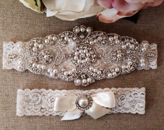 Wedding Garter - Bridal Garter - Pearl and Crystal Rhinestone Garter and Toss Garter Set