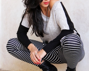 Woman's Stripes Leggings, Warm Sexy leggings, Bohemian tights, Black & White Boho Winter leggings, Flattering Urban Leggings, Woman Wear