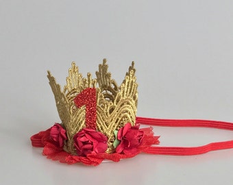 Gold birthday Crown/ Red and Gold Birthday Crown / Gold glitter Crown / First birthday Crown/ Gold lace crown