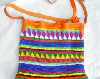 RARE handmade Vintage bright color with tan tribal print woven large bucket purse cross body bag