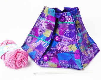 yarn bowl knitting bowl yarn keeper in purple, teal and green peacock colours gift for knitter or crocheter
