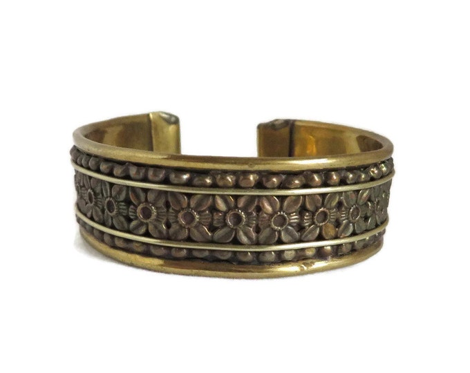 Vintage India Cuff, Floral Bracelet, Brass Tone Cuff, Made in India Bracelet