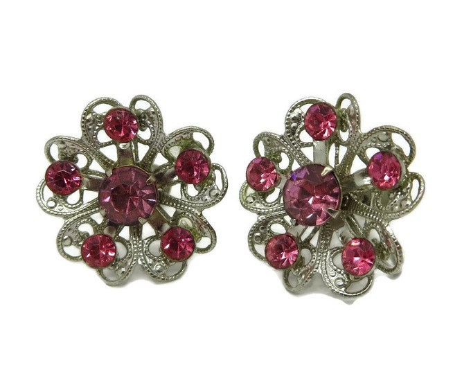 Vintage Pink Rhinestone Flower Earrings, Silvertone Screw Back Earrings
