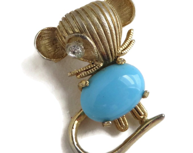 ON SALE! WEISS Mouse Brooch, Vintage Blue Gold Tone Pin Costume Jewelry Estate Gift Idea