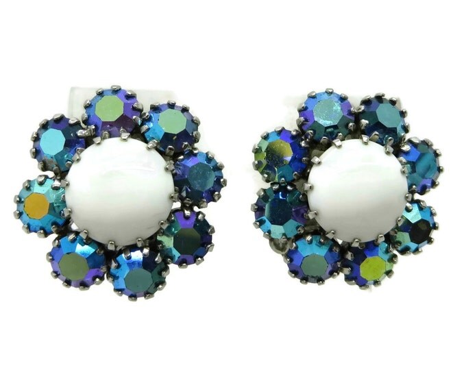 Weiss Milk Glass Earrings, Vintage AB Rhinestone Flower Clip-on Earrings