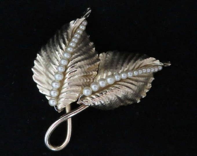 Napier Leaf Brooch, Vintage Faux Pearl Double Leaf Gold Tone Brooch, Signed Napier Jewelry Gift for Her, Gift Box