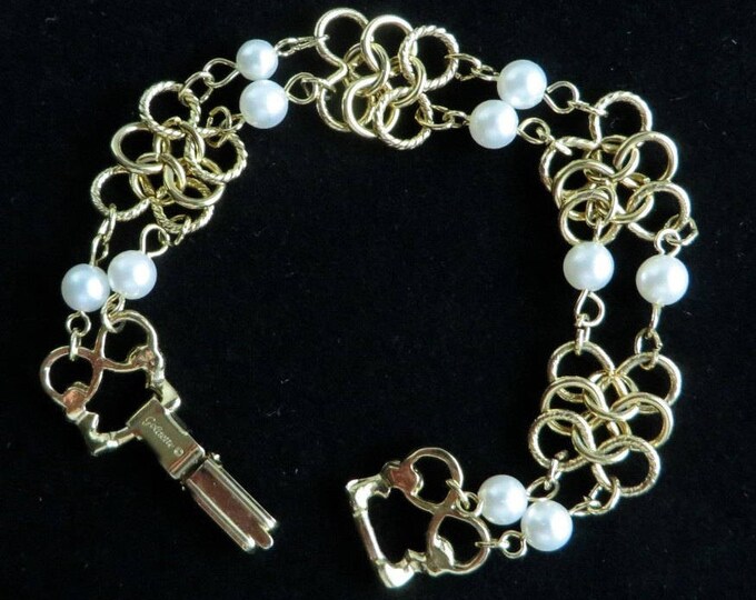 Goldette Bracelet, Vintage Faux Pearl, Gold Tone Link Bracelet, Gift for Her