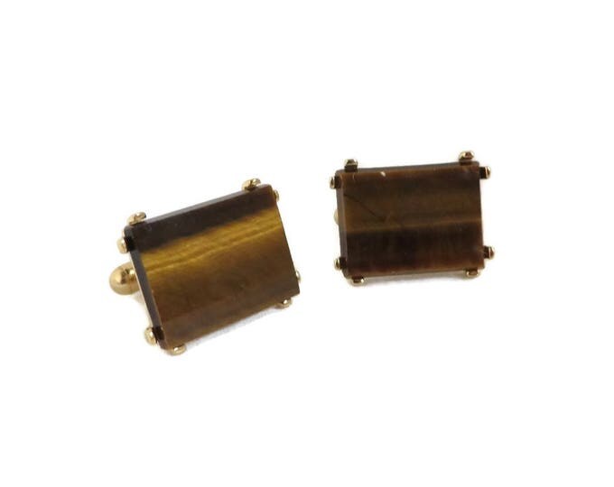 Tiger Eye Cufflinks, Vintage Gold Tone Cufflinks, Brown Stone Cuff Links, Men's Jewelry