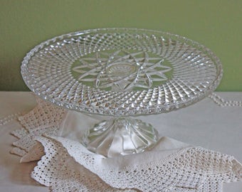 Cake Stand. Glass Cake Stand. Footed Clear Glass Dessert or Pastry Display. Diamond Design with Star in Center Cake Stand.