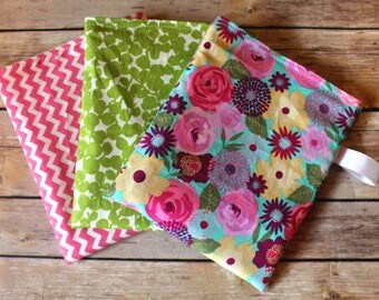 Reusable Snack bag - Florals - Chevron - Pink and Green - lunch bag