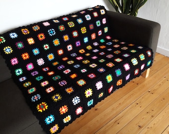 Crochet Afghan Granny Squares Blanket Rainbow Blanket Rainbow Crochet Blanket Boho Blanket Black Blanket Colorful Blanket READY TO SHIP
