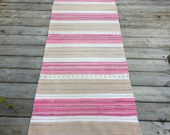 Long 3.2m Vintage Swedish Rag Rug in Pink Beige Icecream Colored Stripey Rag Rug Runner Upcycled Floor Cover European Interior Antique