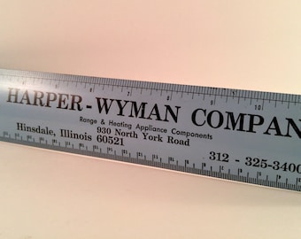 Vintage Blue Metal Advertising Ruler with Black Type. Harper Wyman Co. Range & Heating Appliance. Hinsdale, IL. Industrial Garage Decor.