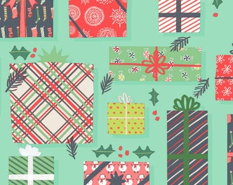 Christmas presents fabric, christmas fabric, 25 Days of Christmas fabric on teal by Clothworks
