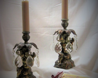 VINTAGE BRASS CANDLESTICKS With Crystal Prisms, Cherub Base Brass Angel Candle Holder
