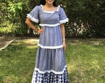 Maxi dress,small,hippie dress,1970s,70s,floral,checkered dress,blue,white,dress,handmade,prairie dress