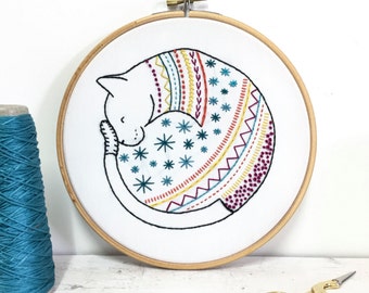 Cat Contemporary Embroidery Kit - Embroidery Hoop Art - Learn How to Embroider - Hand Embroidery Kit - Craft Kit - Embroidery Pattern