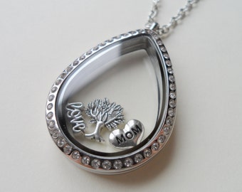 Teardrop Floating Charm Locket Necklace, Birthstones Necklace, Mothers Necklace, Grandma Necklace, Memorial Gift, Personalized Necklace Gift